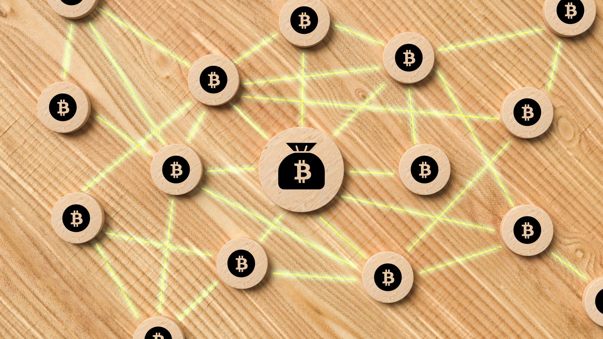 bitcoin network concept with interconnected wooden chips  with bitcoin logo - 3d illustration