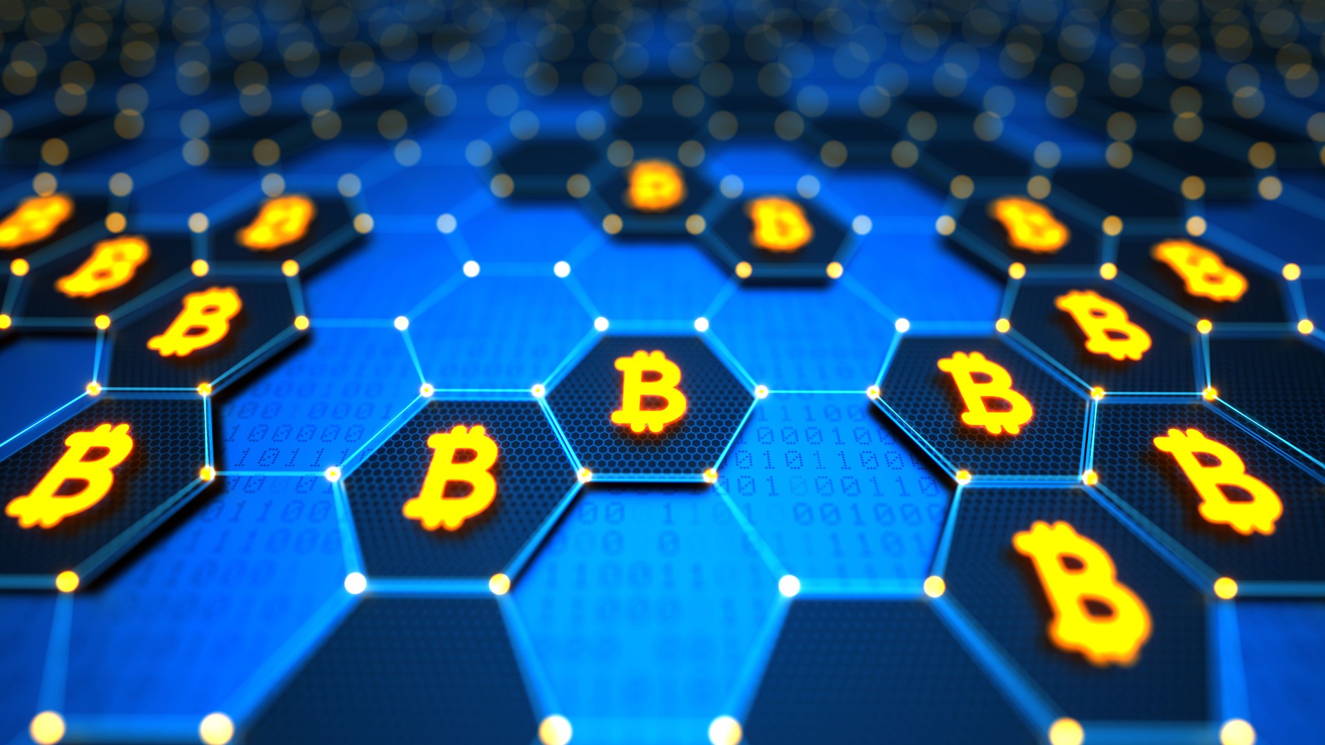 Futuristic digital technological background with hexagonal elements, yellow glowing Bitcoin signs and binary code. Blockchain nodes. Big data safe. Internet network security and privacy concept. 3d illustration
